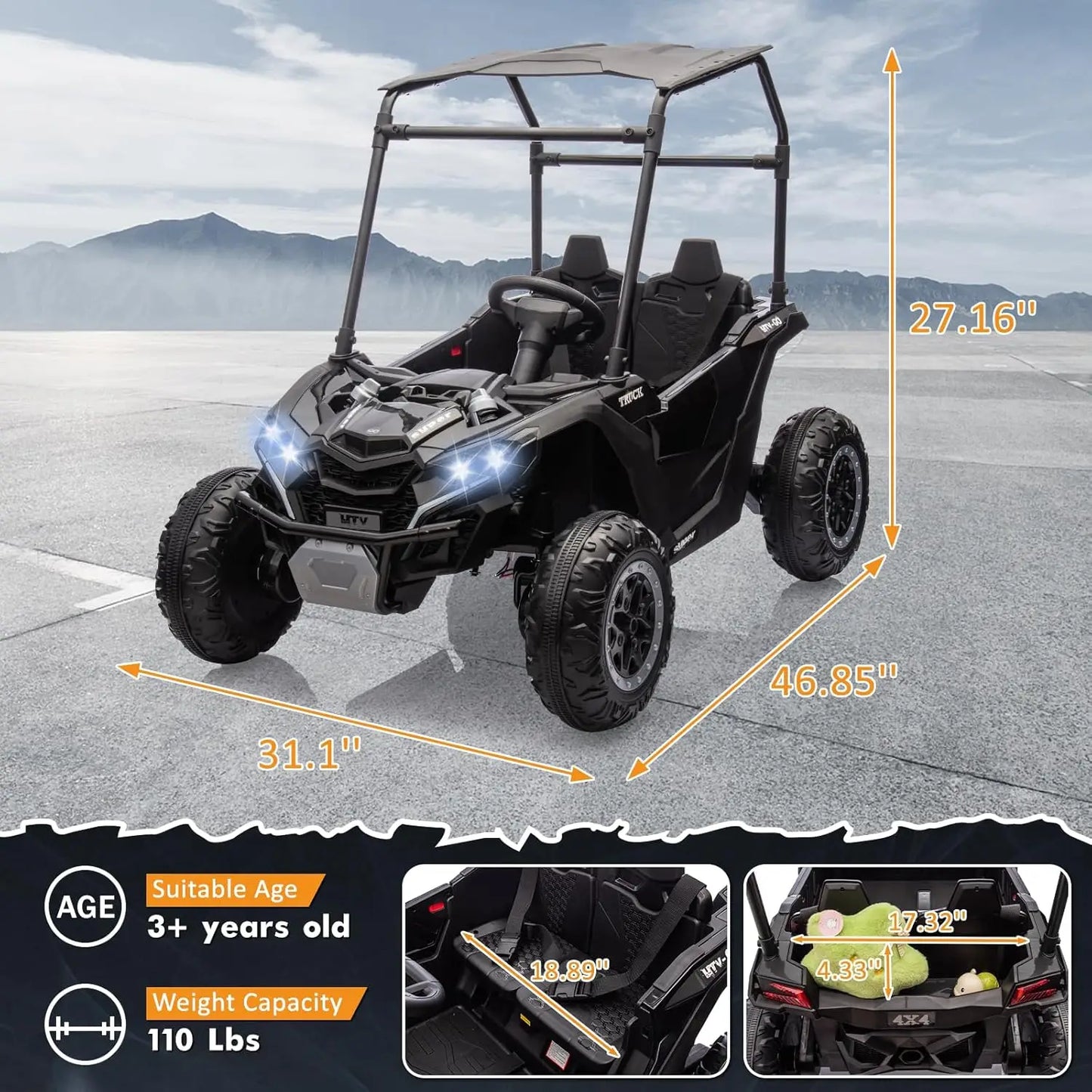 24V Ride on Cars for Kids,Kids Electric Vehicles UTV with Remote Control, Safety Belt, Horn,Music, and Lights, 3 Speeds