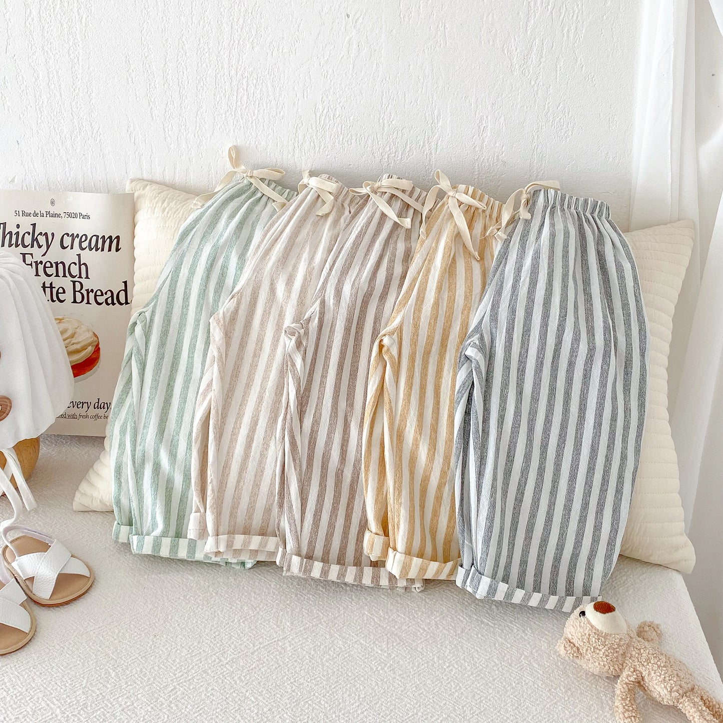 Vintage Linen Cotton Stripe Pants for Boys Casual Pocket Design Elastics Waist Pants for Toddler Girl Clothing Children Trousers