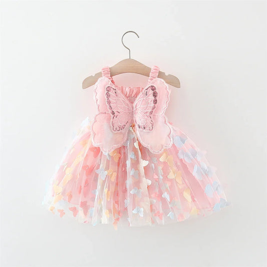 New Summer Baby Girl Dress Halter Butterfly Back Wings Fantasy Princess Dress Sweet Birthday Party Team Dress