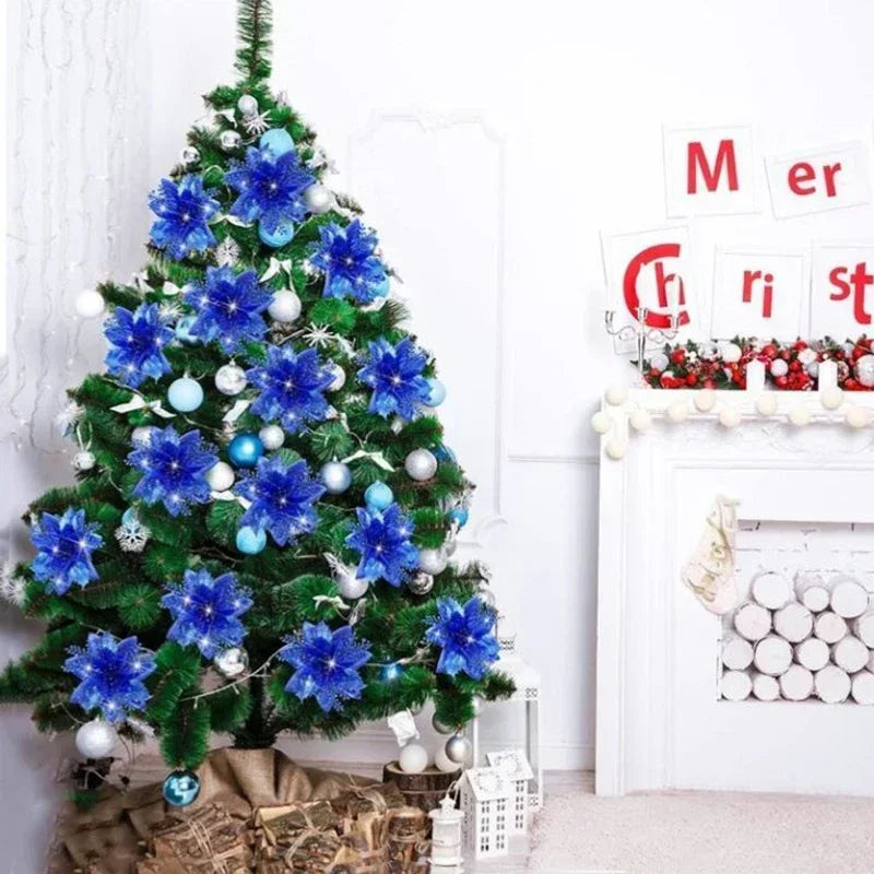 14.5cm Glitter Artifical Christmas Flowers Merry Christmas Tree Decoration Happy New Year Ornaments Xmas Fake Flowers Natal