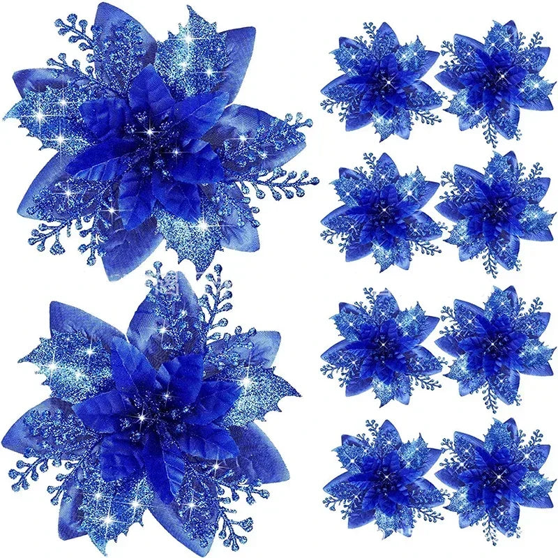 14.5cm Glitter Artifical Christmas Flowers Merry Christmas Tree Decoration Happy New Year Ornaments Xmas Fake Flowers Natal