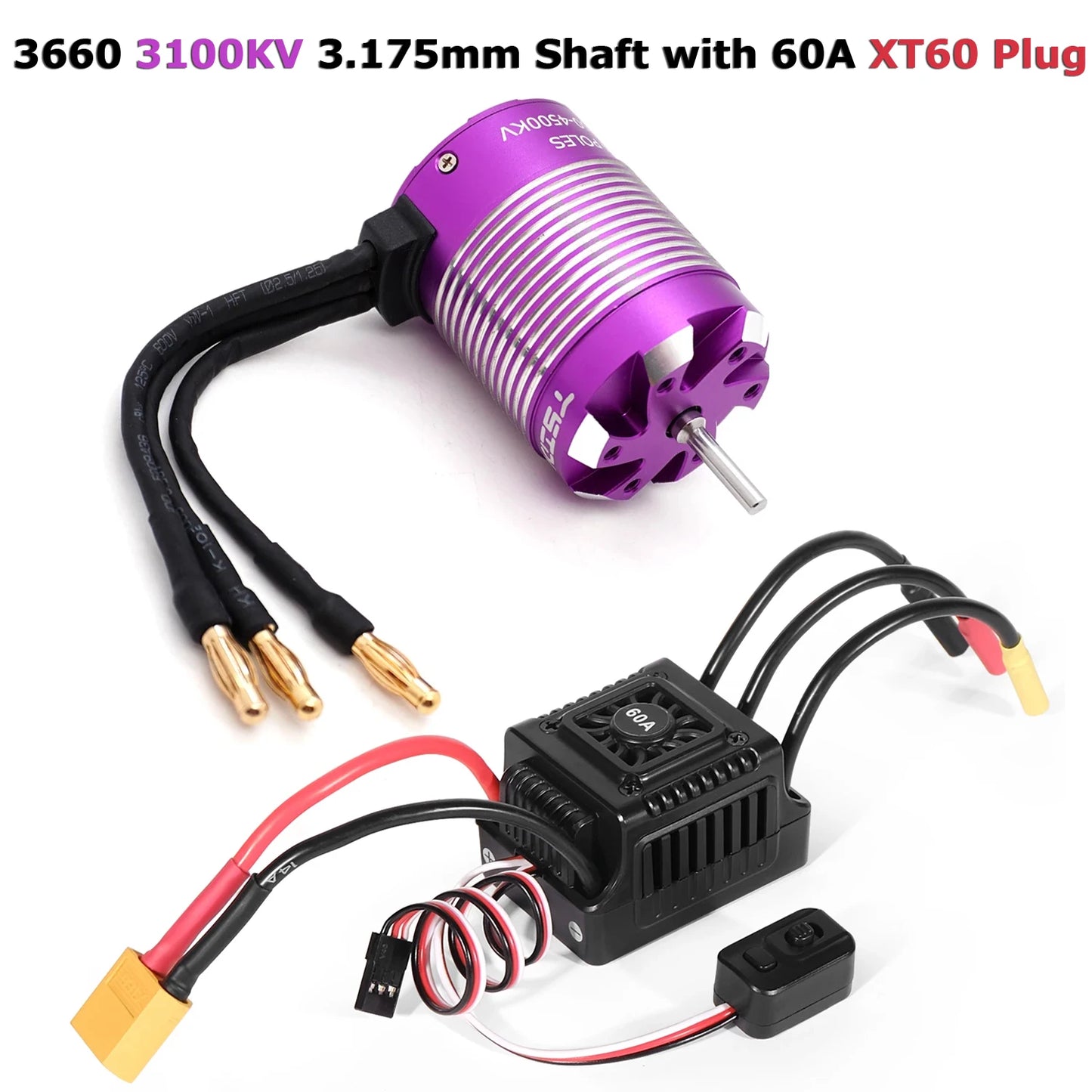 YSIDO 3650 3660 Brushless Motor with 60A ESC Combo 3.175/5.0mm Shaft For 1/10 Tamiya Traxxas Wltoys RC Racing Off-Road Truck Car