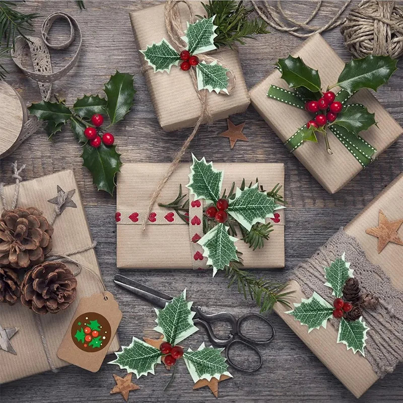 50/5Pcs Christmas Holly Leaves Artificial Red Berries DIY Christmas Flower Wreath Decoration for Home Xmas New Year Gifts Decor