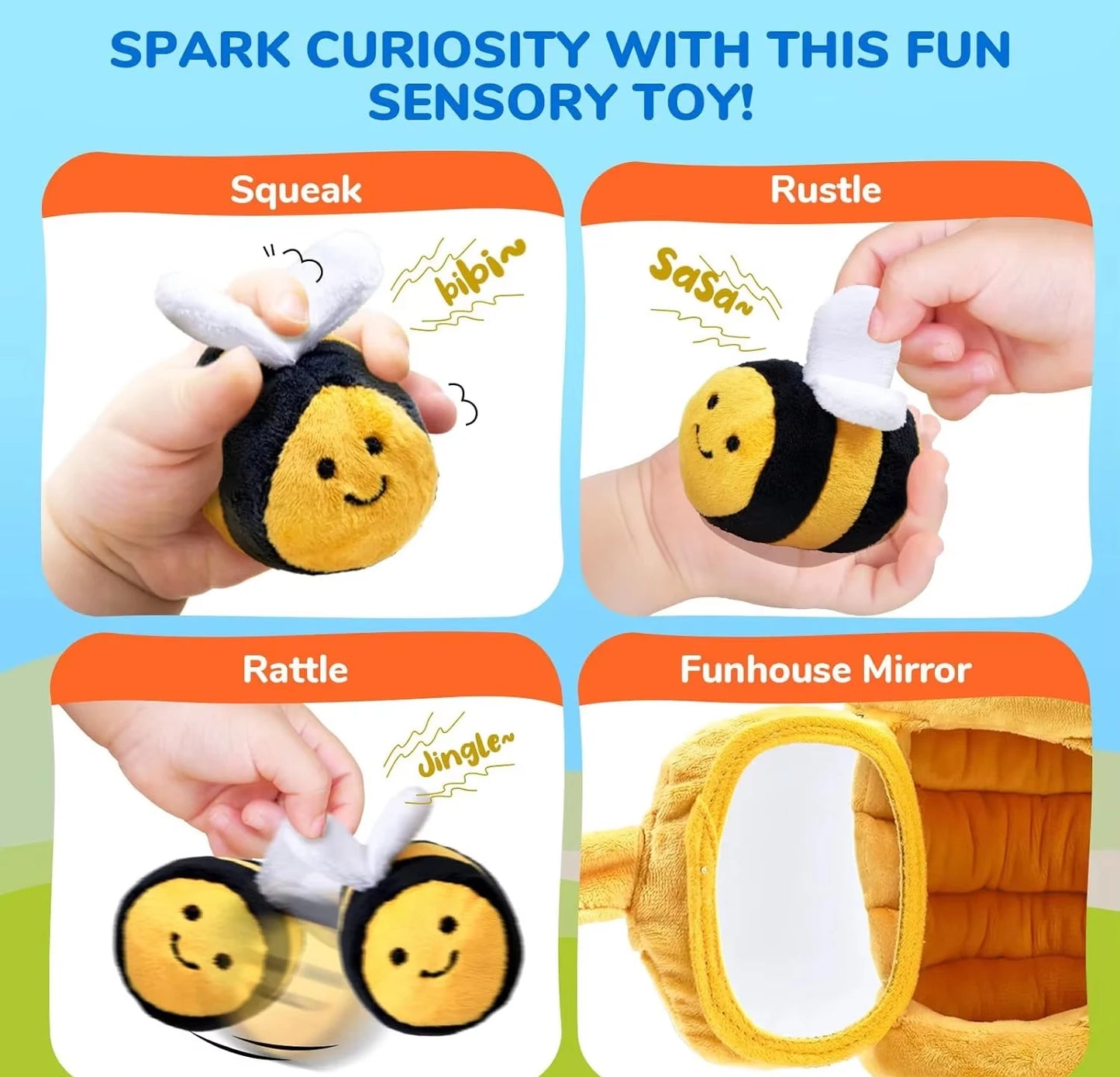 Baby Toys 6-12 Months Soft Baby Beehive with 5 Sensory Bee Rattle Mirror Crinkle Squeaker Busy Montessori Soft Toy for Toddlers