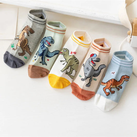 5 Pairs Boy's Dinosaur Pattern Socks Comfortable Breathable Casual Soft Kids Socks