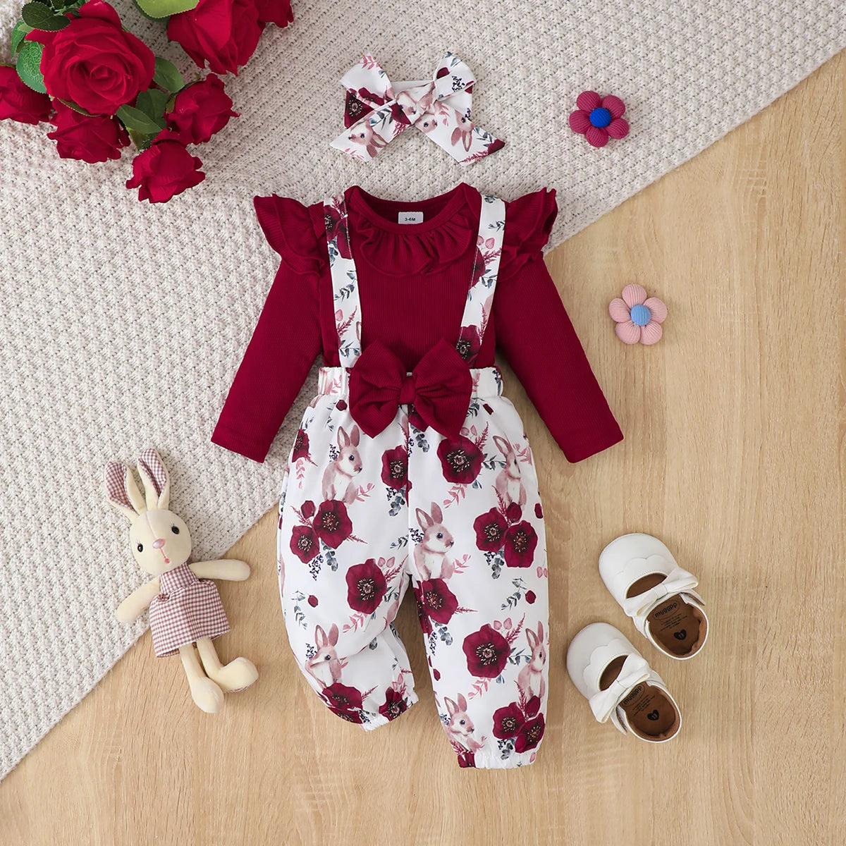 0-18Months Baby Girl Clothes Set Red Color Long Sleevs Bodysuit + Flower Strap Pants 2PCS Infant Girl New Years Clothing Suit