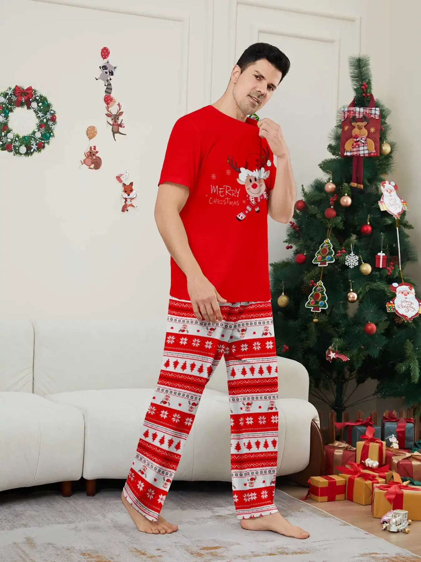 Merry Xmas Family Look Pyjamas Short Sleeve O Neck Sleepwear Adults Kids Christmas Matching Pajamas Set Cute Print 2 Pieces Suit