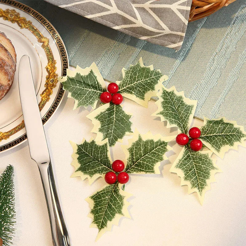 50/5Pcs Christmas Holly Leaves Artificial Red Berries DIY Christmas Flower Wreath Decoration for Home Xmas New Year Gifts Decor