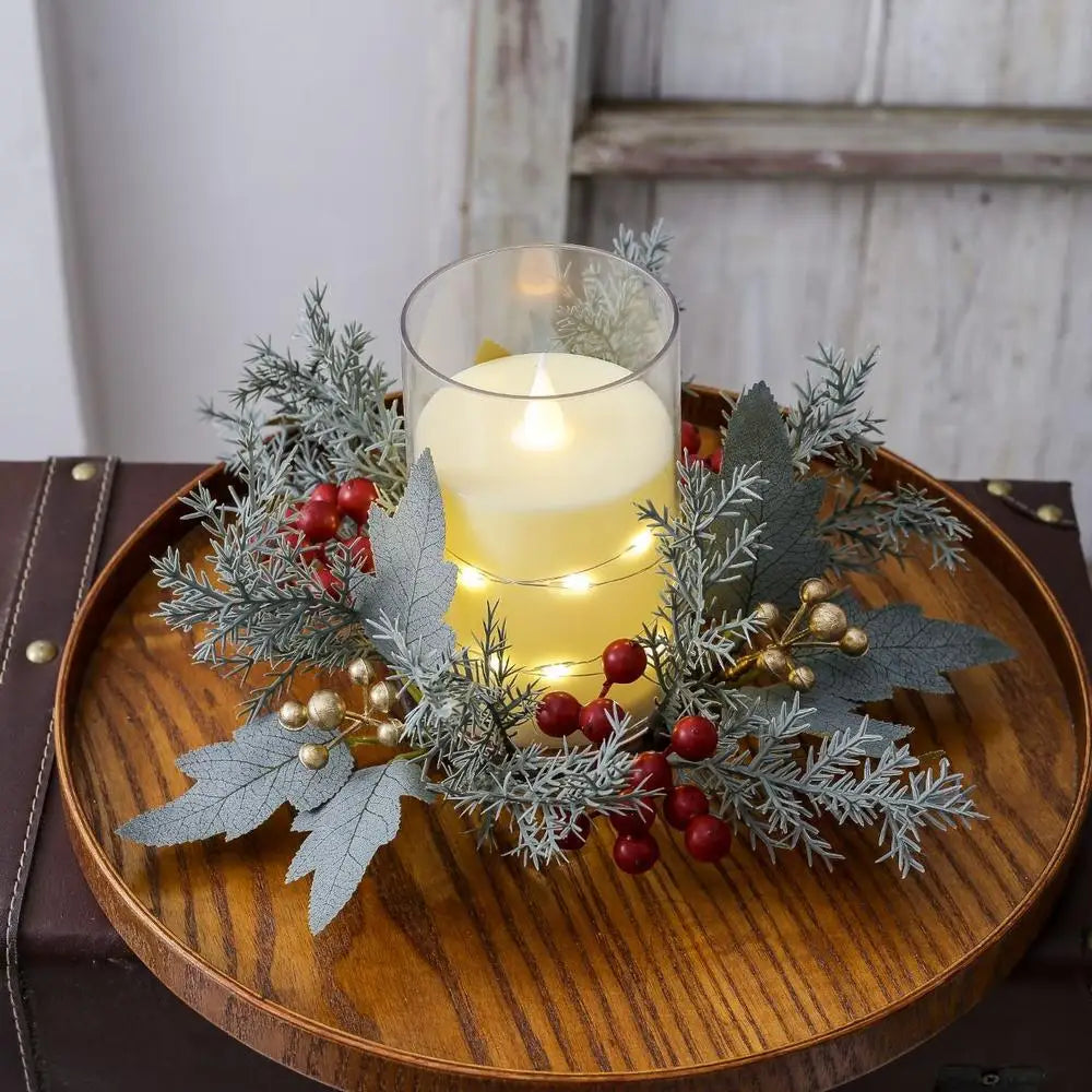Red Christmas Flowers Wreath Artificial Berries Pinecone Pine Candlestick Wreaths Garland Candle Ring Table Home Party Decor