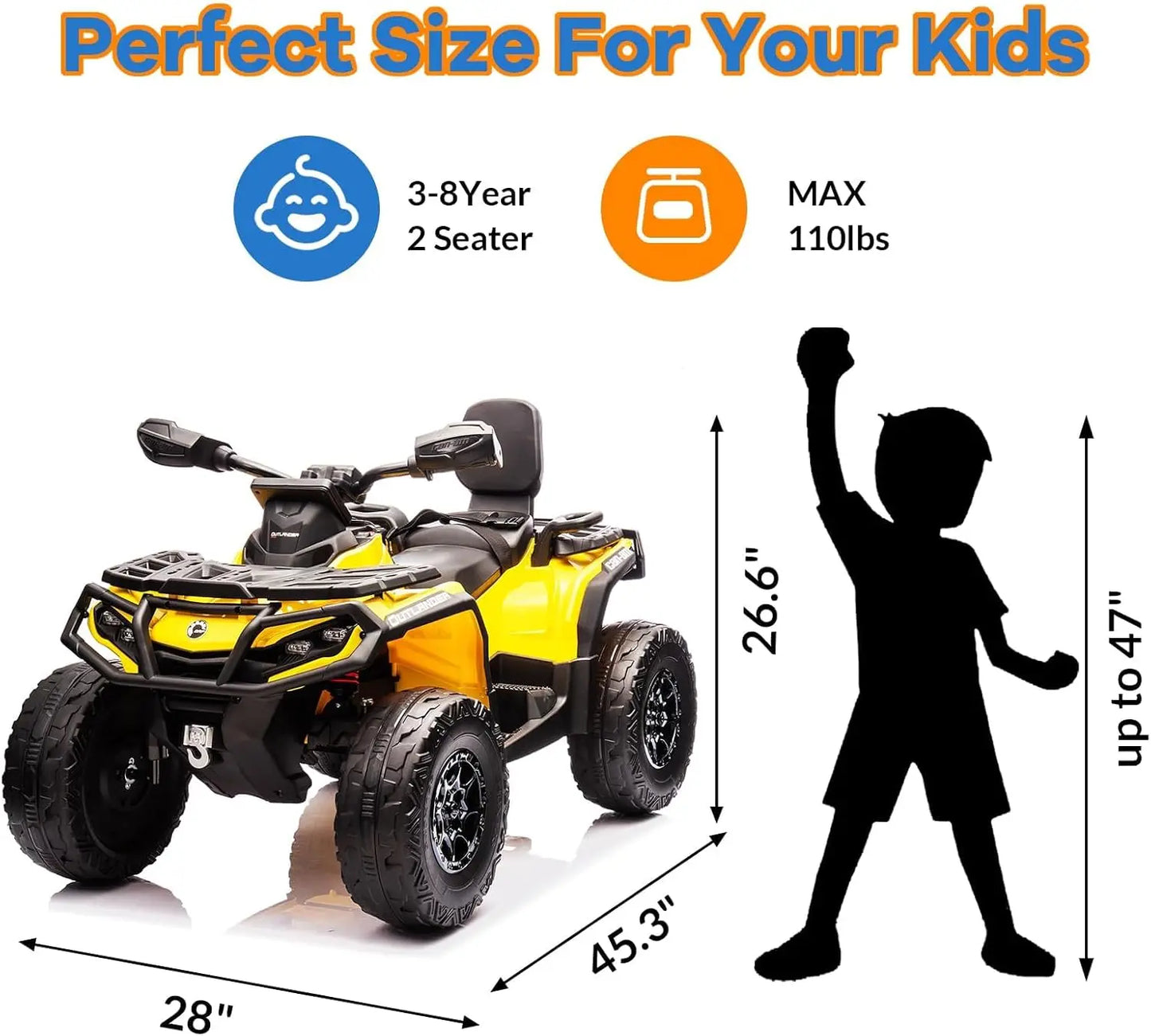 24V 4WD 2-Seater Electric Ride-On ATV for Kids, with Leather Seats, Safety Belt, Bluetooth, 1.86-4.79 MPH, for Boys and Girls