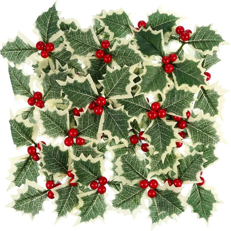 50/5Pcs Christmas Holly Leaves Artificial Red Berries DIY Christmas Flower Wreath Decoration for Home Xmas New Year Gifts Decor