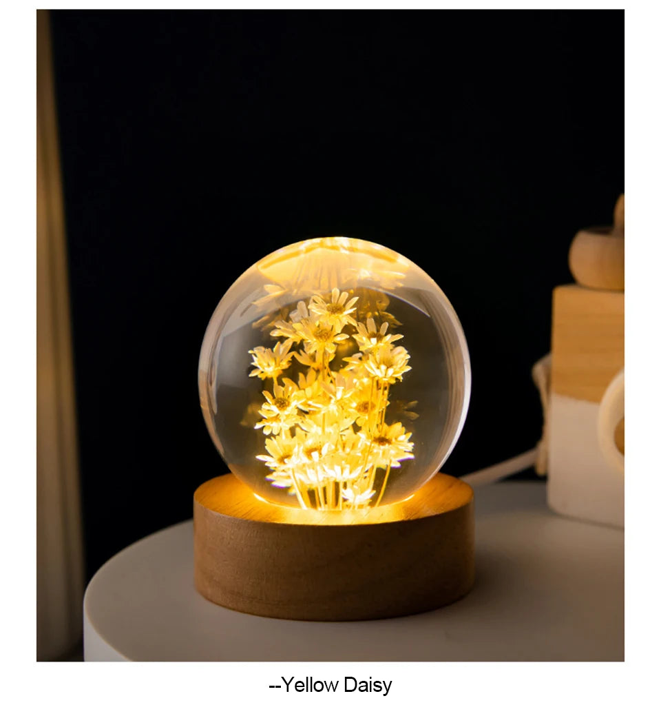 3D Dandelion Crystal Ball 5cm 6cm Luminous Immortality Flower Gift Crystal Ball Wood Stand Base Preserved Flower Sphere Ball