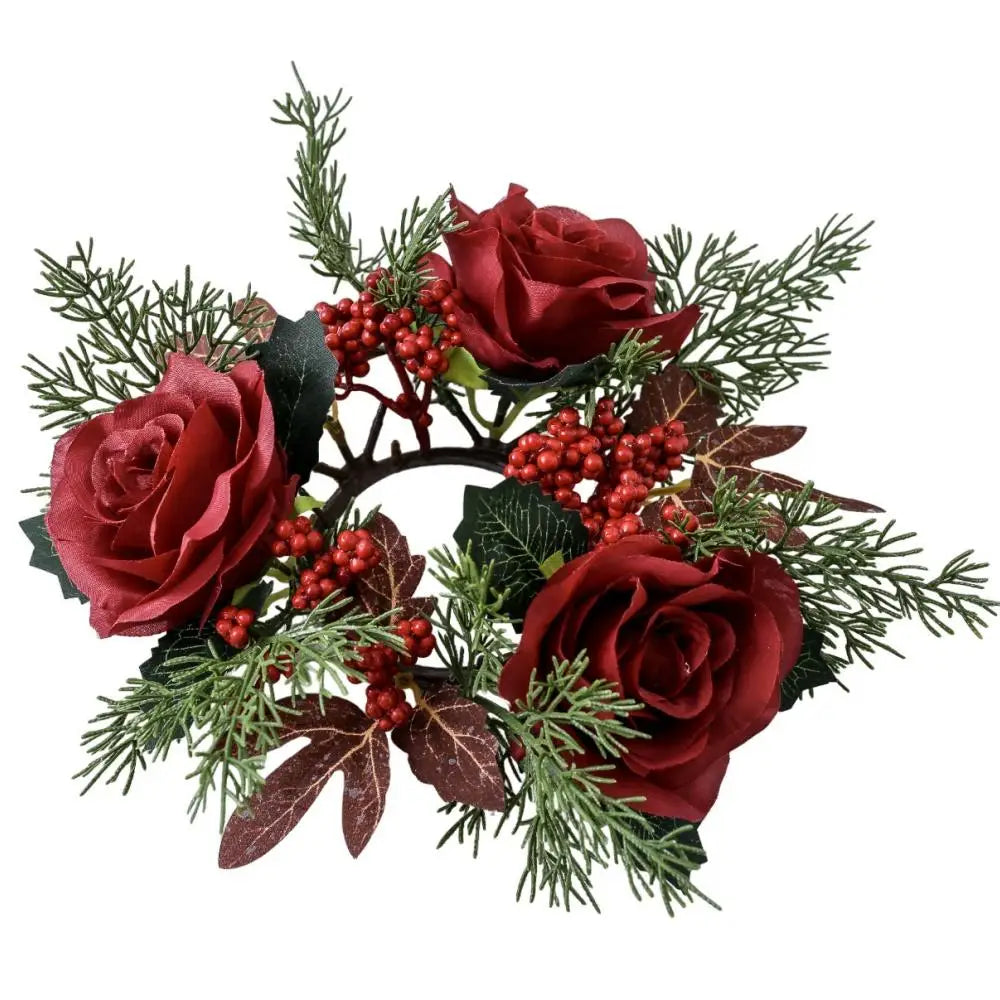 Red Christmas Flowers Wreath Artificial Berries Pinecone Pine Candlestick Wreaths Garland Candle Ring Table Home Party Decor