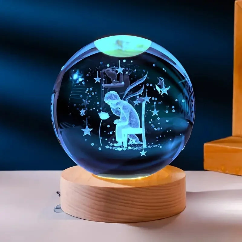 6cm 3D Interior Sculpted Saturn Illuminated Crystal Ball Ornament with Colorful Wood Base Nightlight Indoor Tabletop Birthday