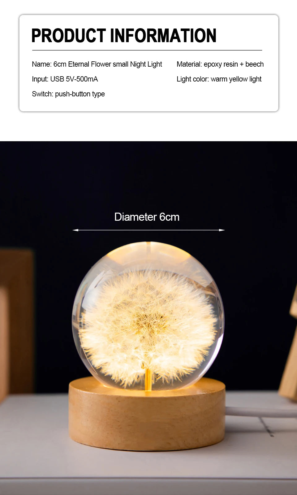 3D Dandelion Crystal Ball 5cm 6cm Luminous Immortality Flower Gift Crystal Ball Wood Stand Base Preserved Flower Sphere Ball