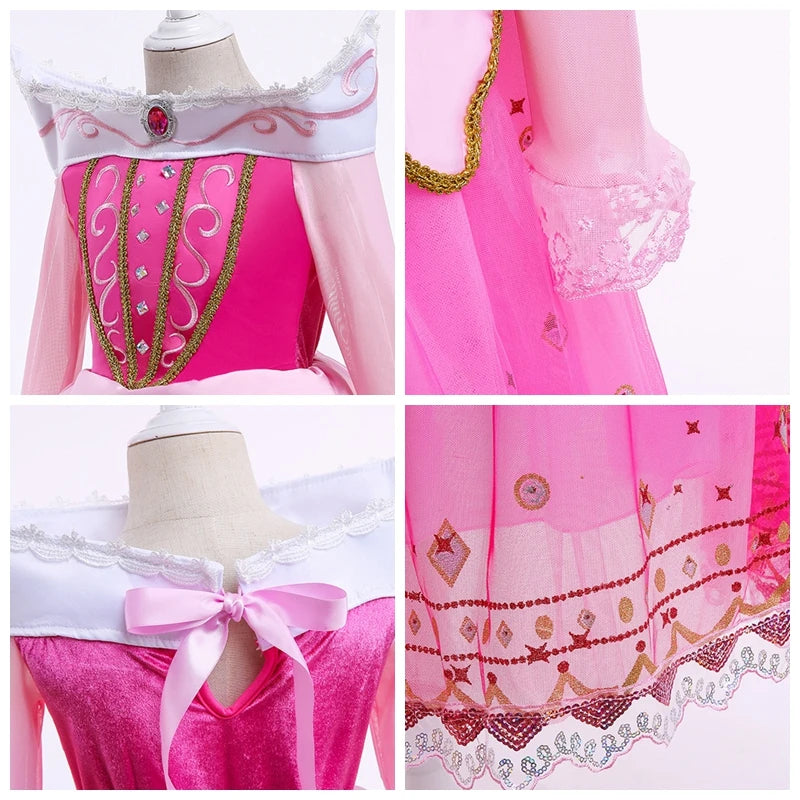 Sleeping Beauty Costume for Girls Aurora Dress Long Sleeves Off Shoulder Kids Halloween Christmas Fancy Party Princess Clothing