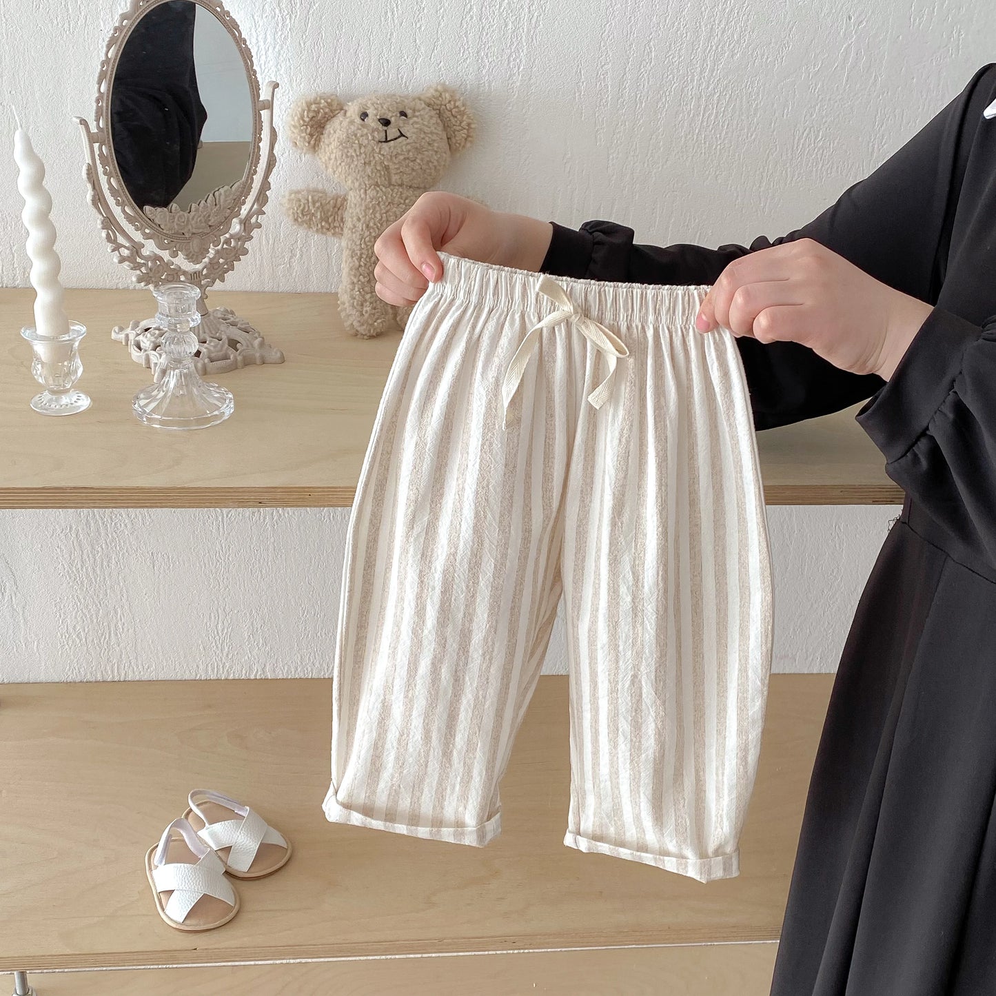 Vintage Linen Cotton Stripe Pants for Boys Casual Pocket Design Elastics Waist Pants for Toddler Girl Clothing Children Trousers