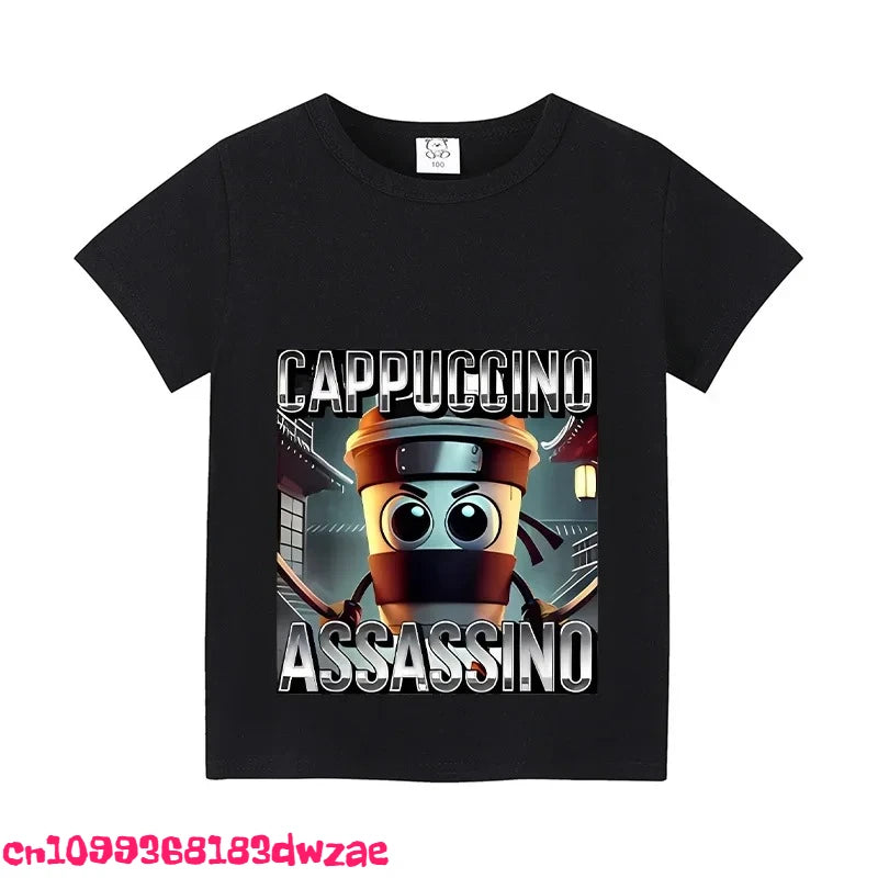 Italian Brainrot Animals Kids Cotton T-shirt Cappuccino Assassino Short Sleeve Tops for Kids Funny Meme Cute Tee Summer Clothing