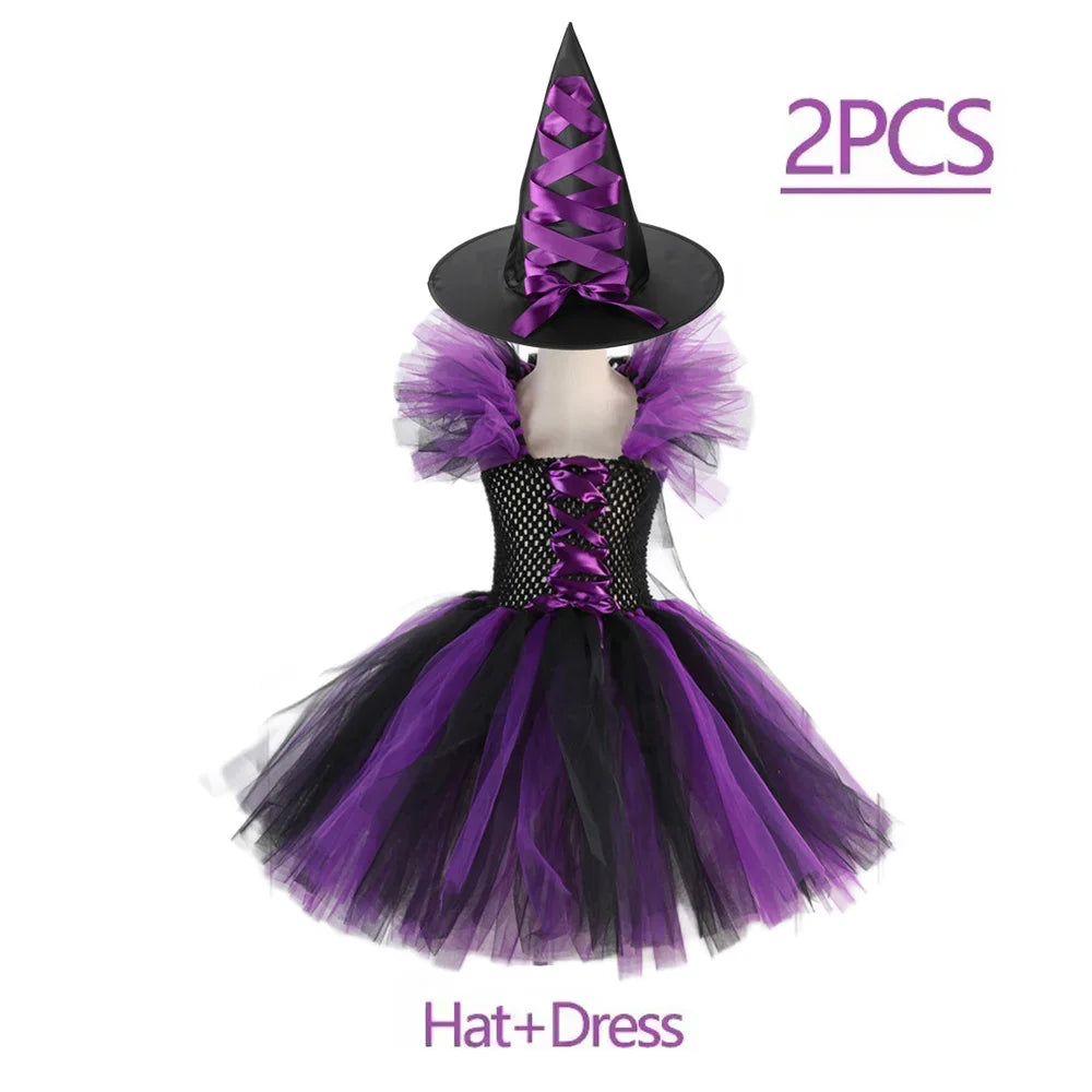Kids Halloween Witch Costumes for Girls Carnival Party Fancy Dress Children Witches Disguise Tutu Outfit Clothes with Broom Hat