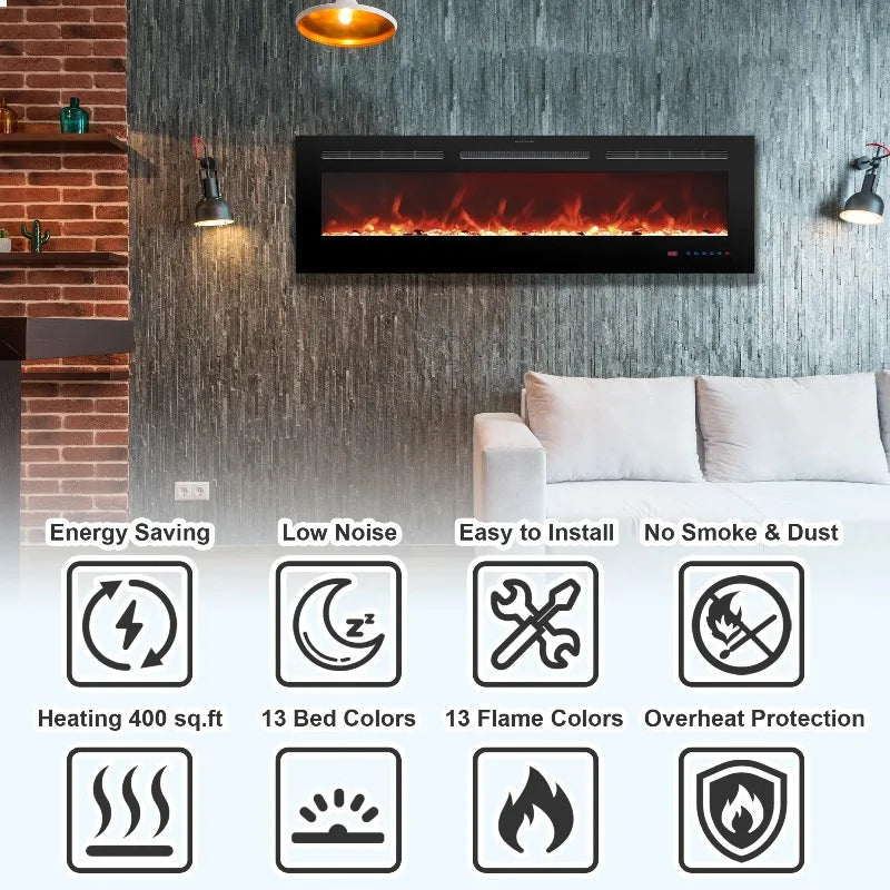 Wall mounted electric fireplace realistic flame effect adjustable thermostat dimmer remote control 1500W