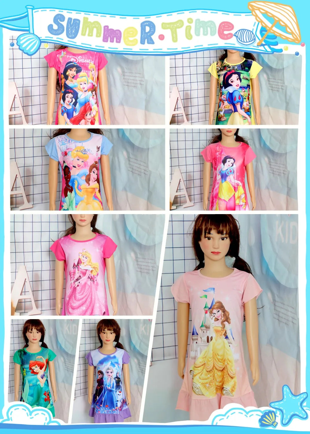 New Summer Kids Cartoon 3-8Years Mermaid Dress Sleepwear Princess Girls Printing Nightgowns Children Party Dresses Pajamas