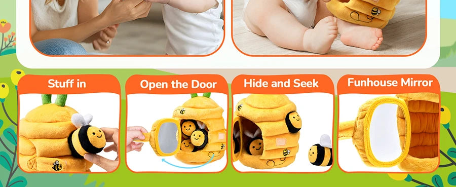 Baby Toys 6-12 Months Soft Baby Beehive with 5 Sensory Bee Rattle Mirror Crinkle Squeaker Busy Montessori Soft Toy for Toddlers