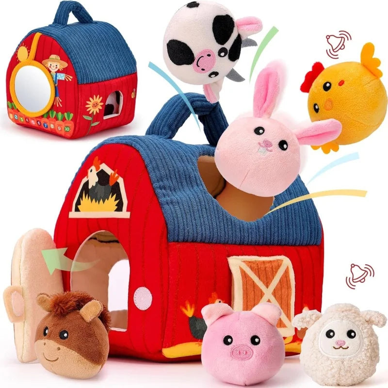 Portable Baby Barn Toy Box Farm Mini Doll with Filled Farm Animals Montessori Toddler Sensory Toy for 1-3 Years Old Children