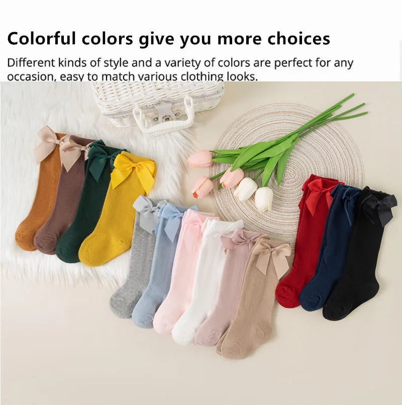 3Pairs/Lot Baby Toddlers Socks Autumn Spring Children Kids Girls Knee High Long Sock Cotton Big Bow Spanish Style Princess Socks
