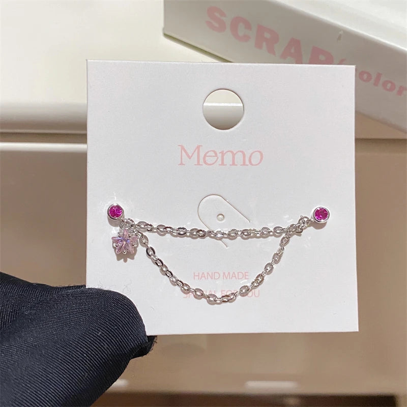 1PCS Pink Love Heart Chain Double Ear Hole 316L Stainless Steel Ear Bone Nail Y2K Fashion Hottie Earrings for Women Jewelry