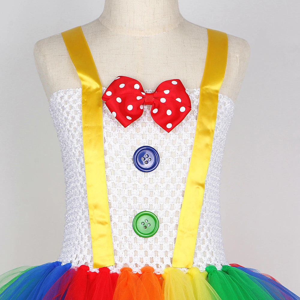 Rainbow Circus Clown Costume for Girls Funny Joker Halloween Tutu Dress for Kids Birthday Carnival Party Outfit Children Clothes