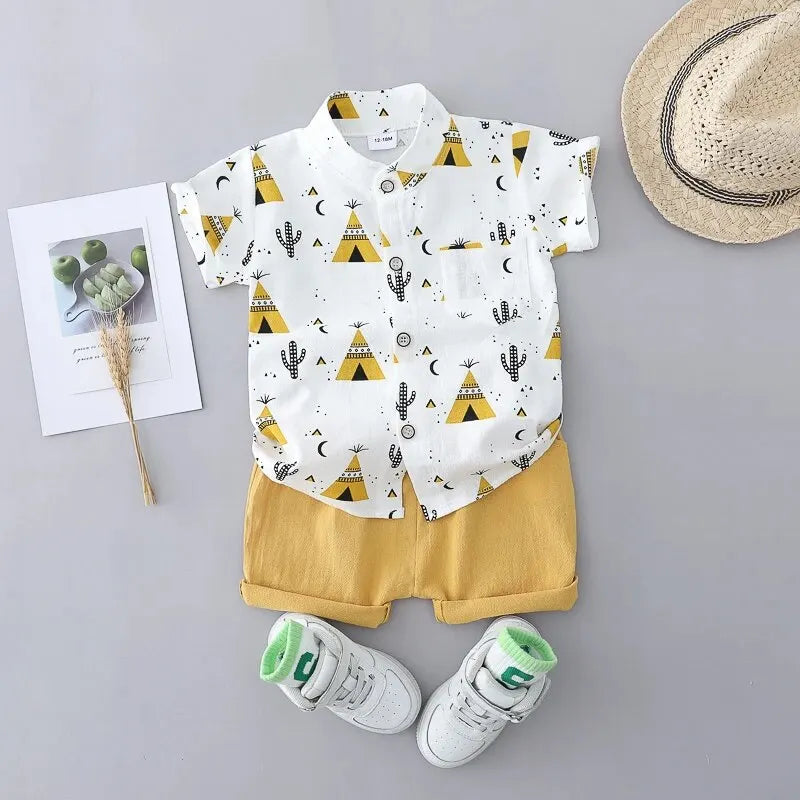 2PCS Children's Summer 100% Cotton Random Full Print Triangle Pattern Short Sleeved Stand up Collar Shirt and Shorts Set