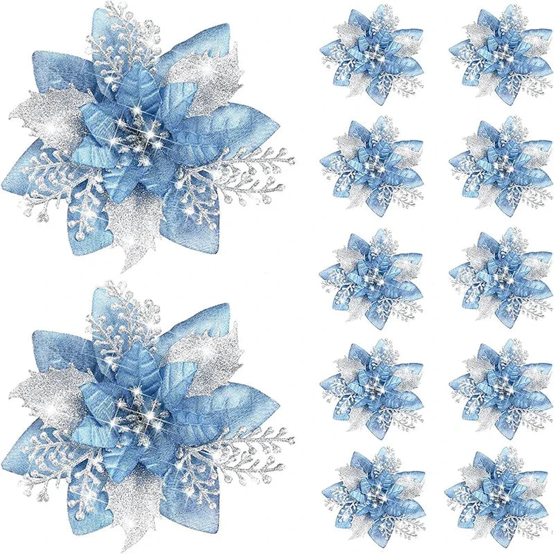 14.5cm Glitter Artifical Christmas Flowers Merry Christmas Tree Decoration Happy New Year Ornaments Xmas Fake Flowers Natal