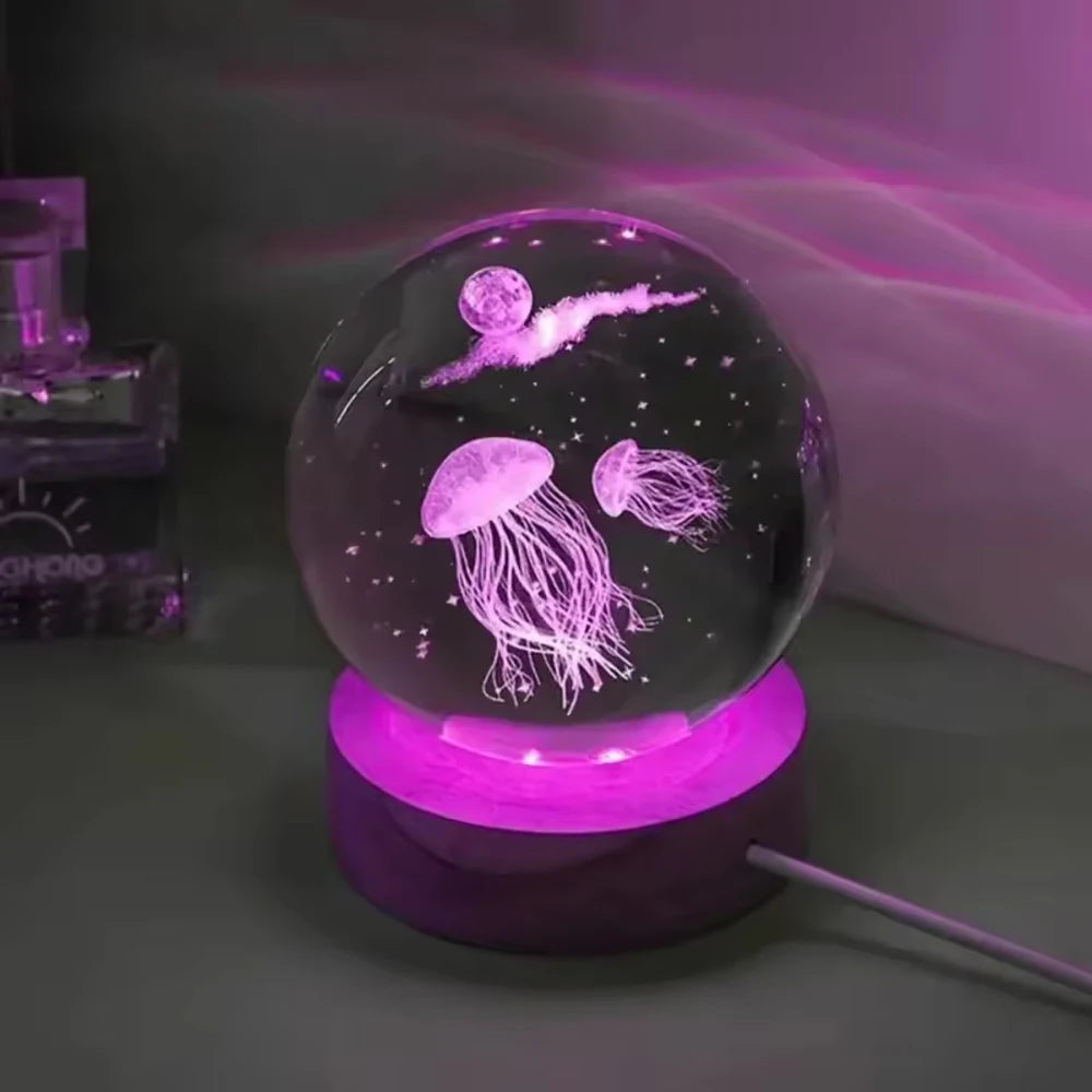6cm 3D Interior Sculpted Saturn Illuminated Crystal Ball Ornament with Colorful Wood Base Nightlight Indoor Tabletop Birthday