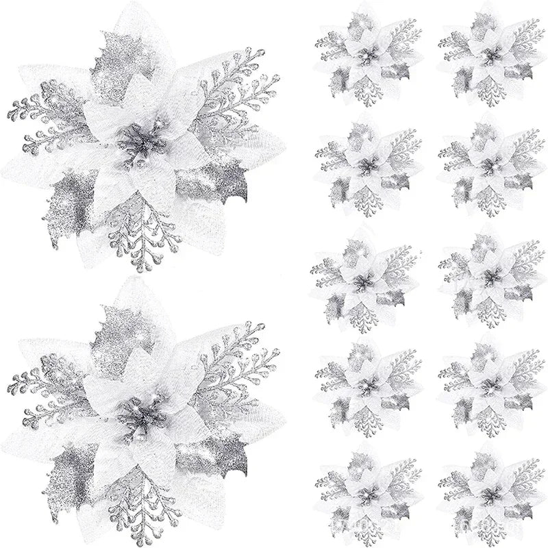 14.5cm Glitter Artifical Christmas Flowers Merry Christmas Tree Decoration Happy New Year Ornaments Xmas Fake Flowers Natal