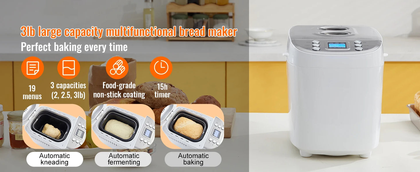 SucceBuy 2/3 LB Bread Maker 15-in-1 Dough Machine Nonstick Ceramic Pan Automatic Bread maker with Gluten Free Setting
