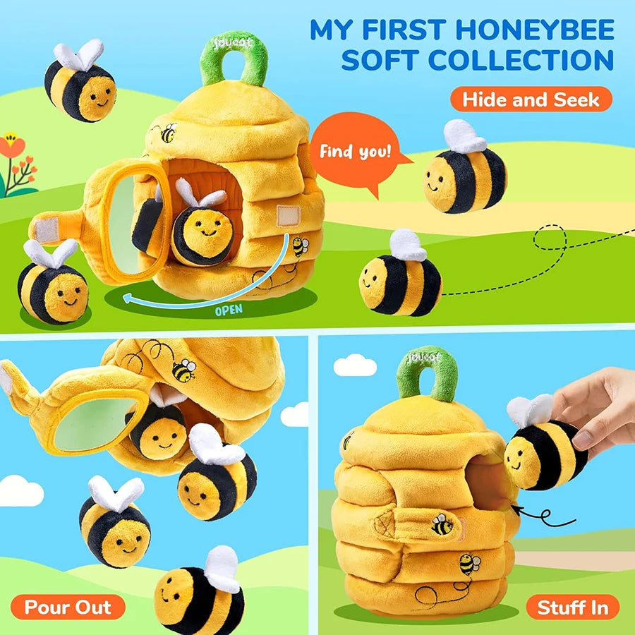 Baby Toys 6-12 Months Soft Baby Beehive with 5 Sensory Bee Rattle Mirror Crinkle Squeaker Busy Montessori Soft Toy for Toddlers