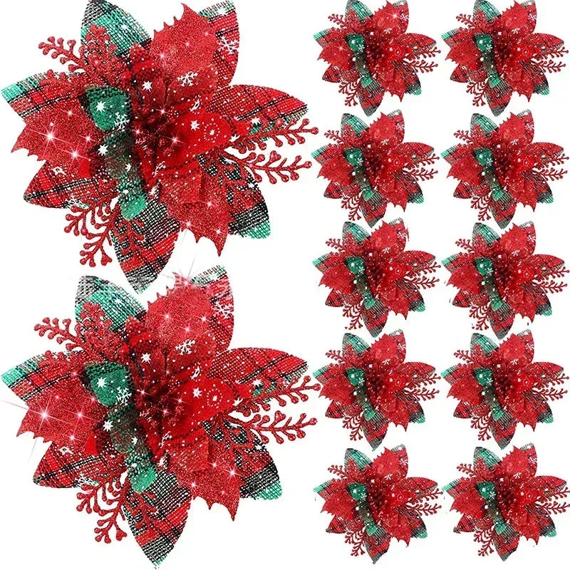 14.5cm Glitter Artifical Christmas Flowers Merry Christmas Tree Decoration Happy New Year Ornaments Xmas Fake Flowers Natal