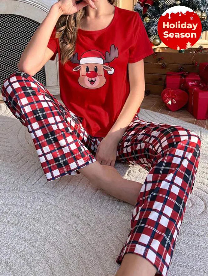 Merry Xmas Family Look Pyjamas Short Sleeve O Neck Sleepwear Adults Kids Christmas Matching Pajamas Set Cute Print 2 Pieces Suit