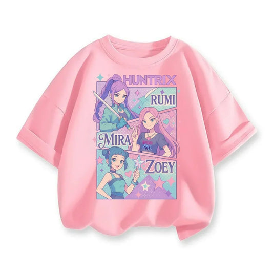 New 2025 Korean Wave Demon Hunter Cotton Printed Fashion Casual Round Neck Cartoon Girl T-shirt