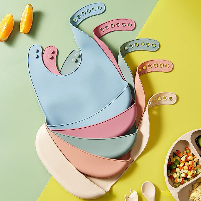 Baby Silicone Bibs Babies Waterproof Bib Solid Color 6-speed Adjustment Saliva Pocket Children's Burp Cloths Accessories Newborn