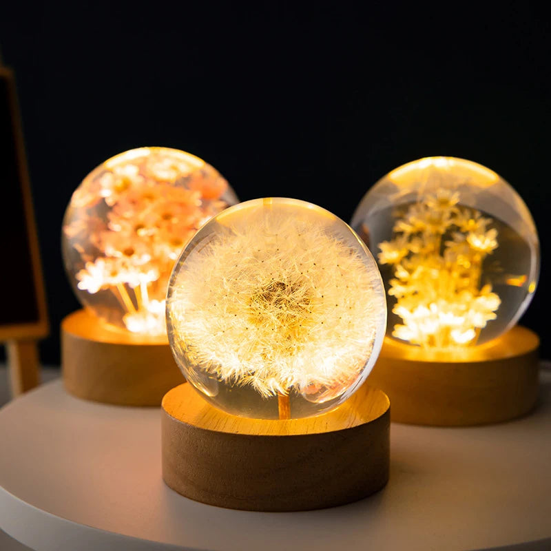 3D Dandelion Crystal Ball 5cm 6cm Luminous Immortality Flower Gift Crystal Ball Wood Stand Base Preserved Flower Sphere Ball