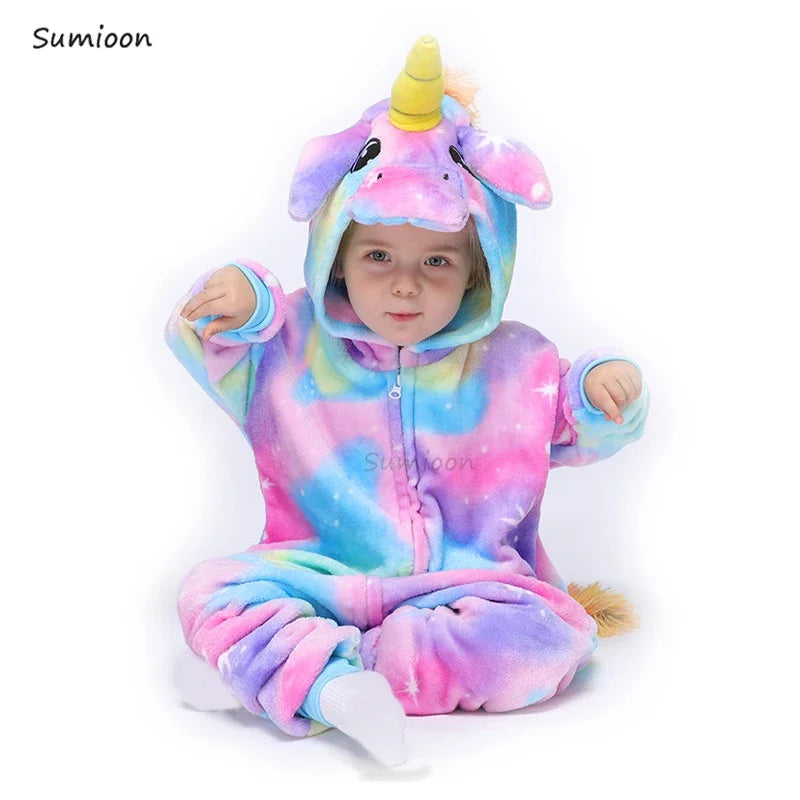 Kids Unicorn Animal Jumpsuits Cartoon Pajamas Cosplay Holiday Costume Cat Panda Flannel Sleepwear for Children Outfits 4-12Yrs