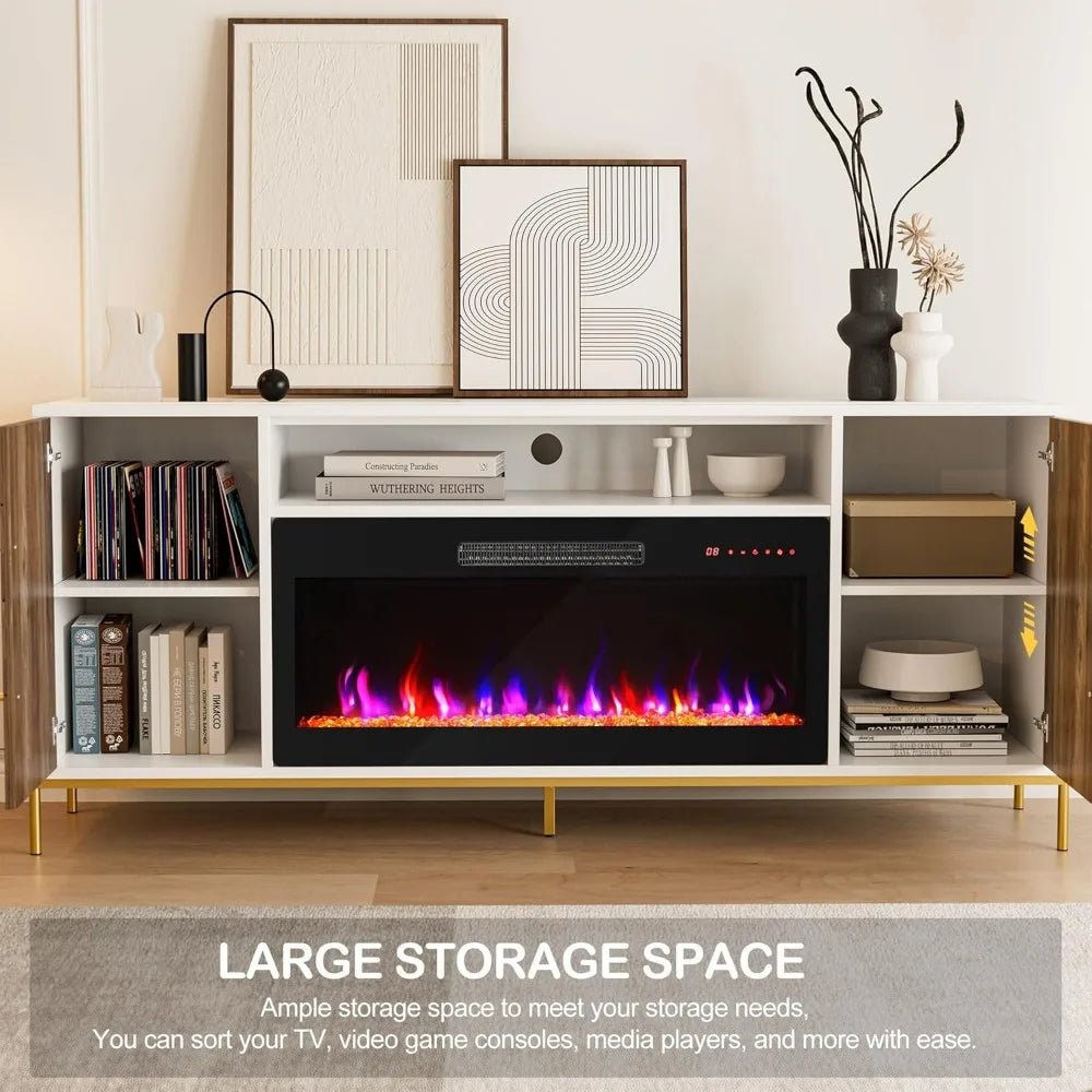 "68-inch wood tv stand with built-in 36-inch electric fireplace and storage entertainment center for tvs up to 75 inches"