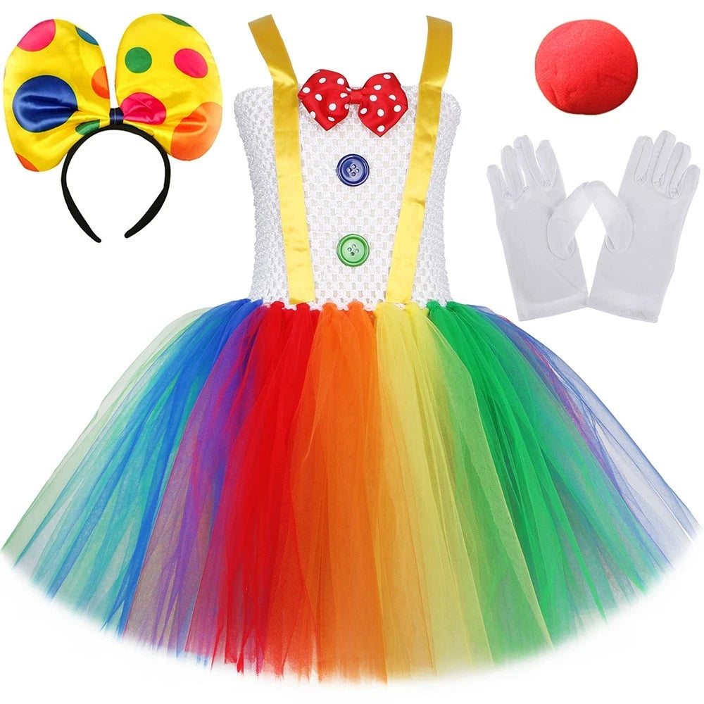 Rainbow Circus Clown Costume for Girls Funny Joker Halloween Tutu Dress for Kids Birthday Carnival Party Outfit Children Clothes