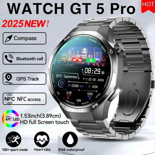 2025 New GT5 Pro GPS Track Compass Smart Watch Men 360*360 AMOLED Screen NFC BT Call Waterproof Health Monitor Man Smartwatches
