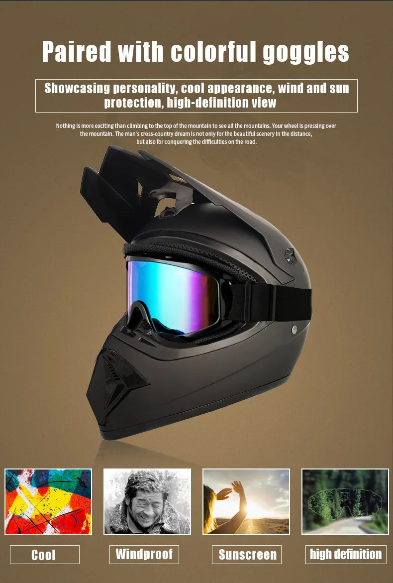 Motorcycle Full Face Helmet and Goggles Set - Off-Road Racing Gear for Mountain Biking and Road Cycling - Premium Safety and Per