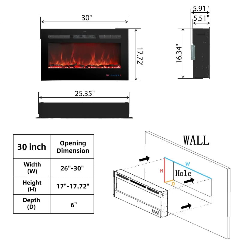 Wall mounted electric fireplace realistic flame effect adjustable thermostat dimmer remote control 1500W