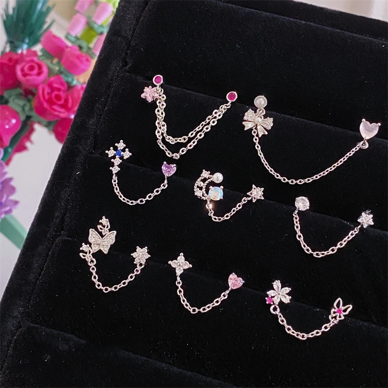 1PCS Pink Love Heart Chain Double Ear Hole 316L Stainless Steel Ear Bone Nail Y2K Fashion Hottie Earrings for Women Jewelry