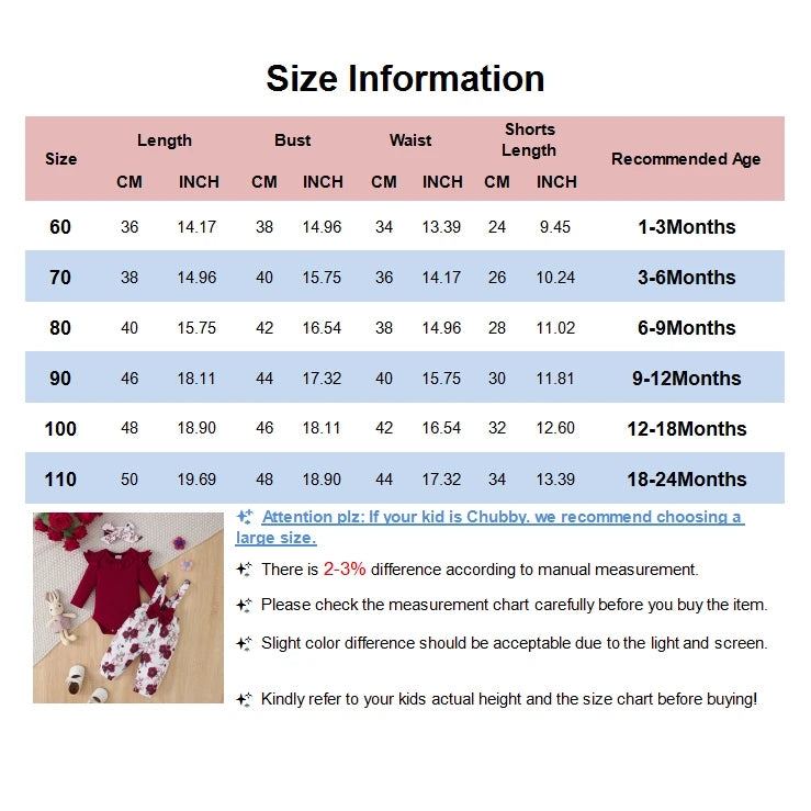 0-18Months Baby Girl Clothes Set Red Color Long Sleevs Bodysuit + Flower Strap Pants 2PCS Infant Girl New Years Clothing Suit