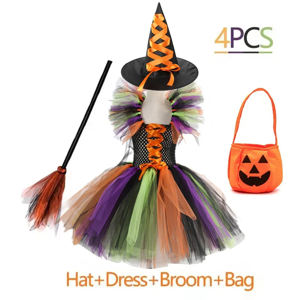 Kids Halloween Witch Costumes for Girls Carnival Party Fancy Dress Children Witches Disguise Tutu Outfit Clothes with Broom Hat